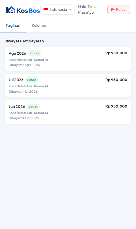 Tampilan Portal Penyewa KosBos — riwayat pembayaran penyewa